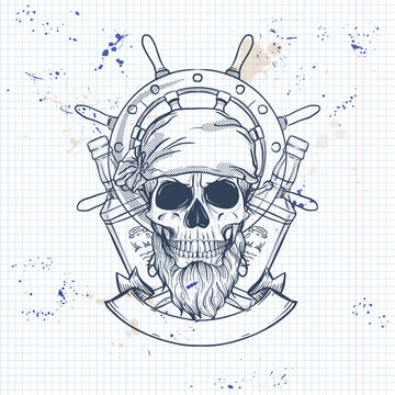 Sketch, pirate skull with bottle of rum, beard and ships steering wheel. Poster, flyer design on a notebook page