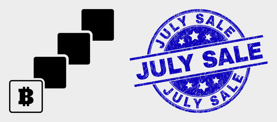 Vector bitcoin blockchain icon and July Sale seal stamp. Red round distress seal stamp with July Sale text. Vector combination in flat style. Black isolated bitcoin blockchain symbol.
