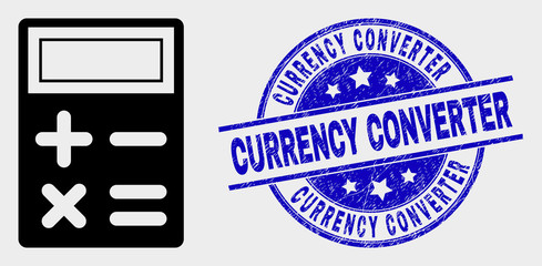 Vector calculator icon and Currency Converter stamp. Red round scratched seal stamp with Currency Converter caption. Vector composition in flat style. Black isolated calculator icon.