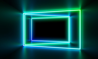 Multicolored neon lamps in a dark tunnel. Reflections on the walls.