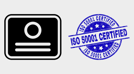 Vector certificate pictogram and ISO 50001 Certified watermark. Red round scratched watermark with ISO 50001 Certified caption. Vector combination in flat style. Black isolated certificate pictogram.