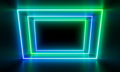 Multicolored neon lamps in a dark tunnel. Reflections on the walls.