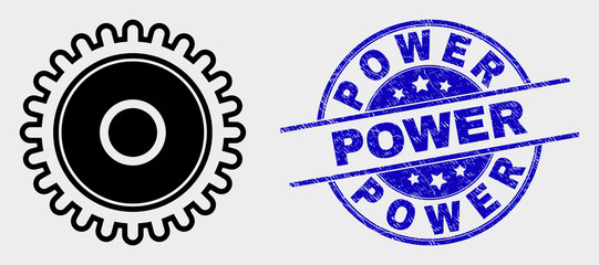 Vector cog icon and Power seal stamp. Red rounded scratched stamp with Power text. Vector composition in flat style. Black isolated cog icon.