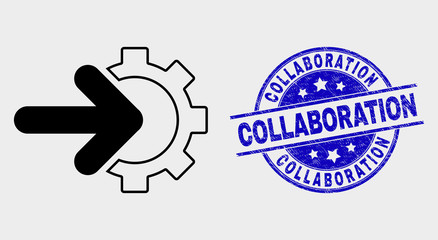 Vector cog arrow integration icon and Collaboration seal stamp. Red rounded textured seal stamp with Collaboration text. Vector combination in flat style. Black isolated cog arrow integration icon.