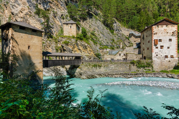 The Altfistermunz castle, medieval fortress over the river Inn on the border betwenn switzerland (Engadina) and Austria (Tyrol)
