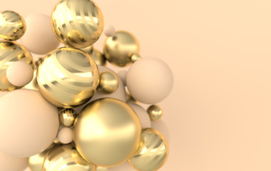 Colorful balls 3d rendering. Chaotic spheres geometric abstract background, primitive shapes, minimalistic design, beige and golden colors