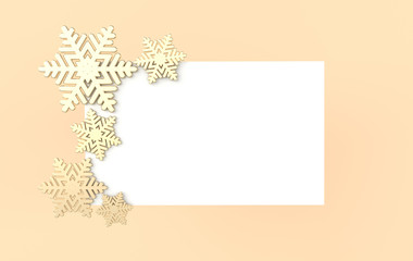 Christmas background with shining golden snowflakes. Xmas and new year greeting card 3d render illustration with white paper on beige background.