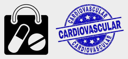 Vector drugs shopping bag icon and Cardiovascular seal. Red round scratched seal stamp with Cardiovascular caption. Vector combination in flat style. Black isolated drugs shopping bag icon.