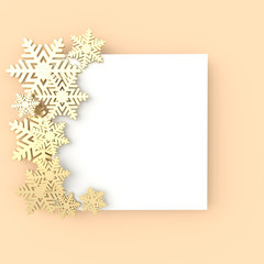 Christmas background with shining golden snowflakes. Xmas and new year greeting card 3d render illustration with white paper on beige background.