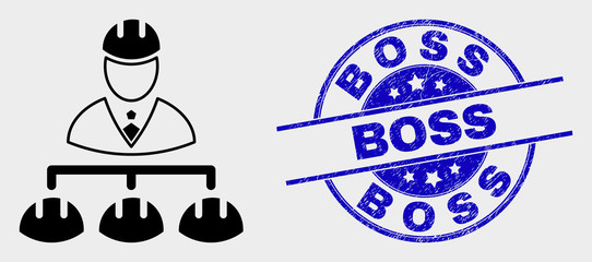 Vector engineer hierarchy pictogram and Boss watermark. Red round grunge watermark with Boss text. Vector composition in flat style. Black isolated engineer hierarchy pictogram.