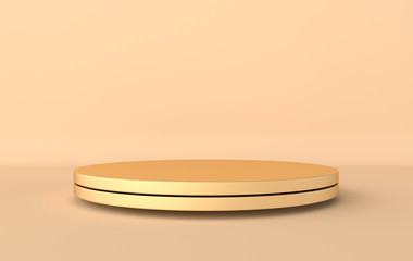 3d rendered studio with geometric shapes, podium on the floor. Platforms for product presentation, mock up background. Abstract composition in minimal design, pastel and gold colors