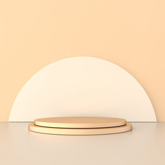 3d rendered studio with geometric shapes, podium on the floor. Platforms for product presentation, mock up background. Abstract composition in minimal design, pastel and gold colors