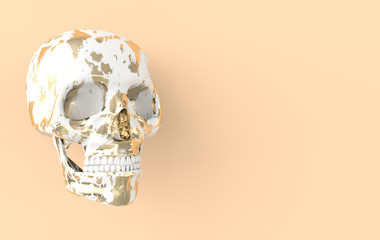 Human scull 3d rendering. White and golden death's-head on beige background