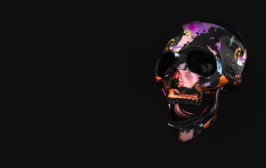 Human scull 3d rendering. Colorful laughing death's-head  on black background