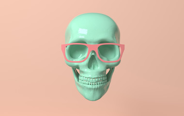 Human scull 3d rendering. Green death's-head in glasses on pink background