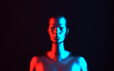 Female mannequin head 3d render. Shop display, neon red and blue light