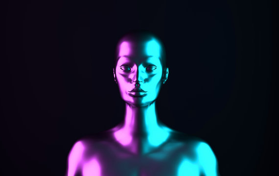 Female mannequin head 3d render. Shop display, neon purple and green light