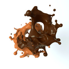 Chocolate, sweet caramel sauce flow with drops 3d render. Dessert liquid splashes