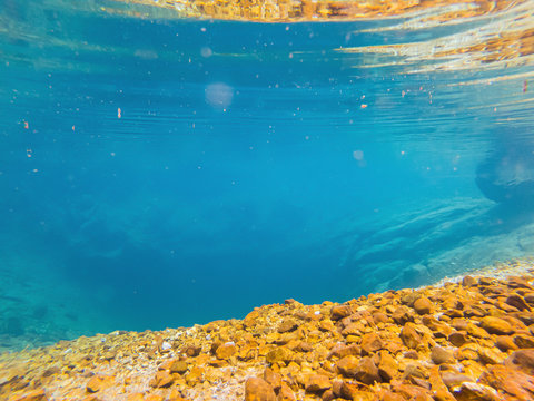 Natural blue hole karst source Oko Skakavice underwater in Montenegro, Europe