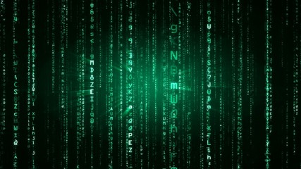 The Matrix style binary code. The camera moves through falling numbers and letters. Green version. Seamless loop. 4K