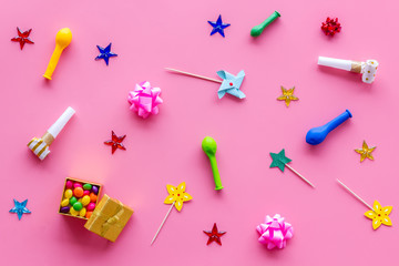 Decoration for party layout on pink background top view