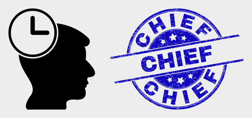 Vector head clock pictogram and Chief seal stamp. Red rounded scratched seal with Chief text. Vector combination in flat style. Black isolated head clock pictogram.