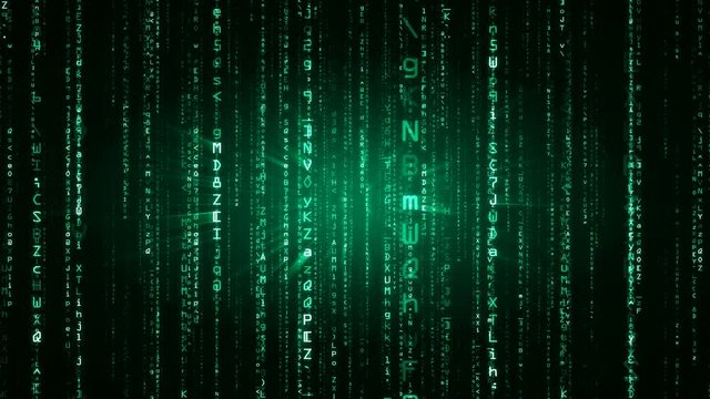The Matrix style binary code. The camera moves through falling numbers and letters. Green version. Seamless loop. 4K