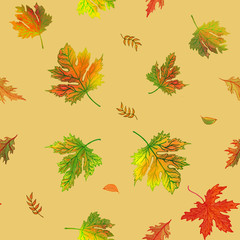 Fototapeta premium Hand-drawn seamless pattern with autumn leaves of maple and other trees. Autumn abstract background. yellow background, fall concept, close up, copy space