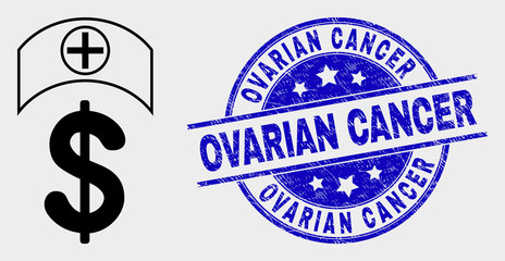 Vector medicine price icon and Ovarian Cancer seal stamp. Red round distress stamp with Ovarian Cancer caption. Vector combination in flat style. Black isolated medicine price icon.