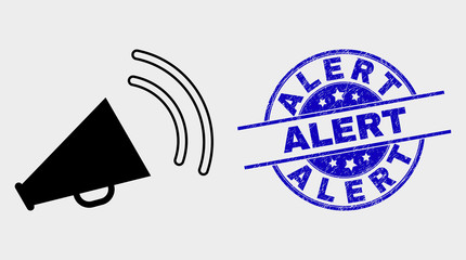 Vector megaphone sound pictogram and Alert stamp. Red rounded distress seal stamp with Alert caption. Vector composition in flat style. Black isolated megaphone sound pictogram.