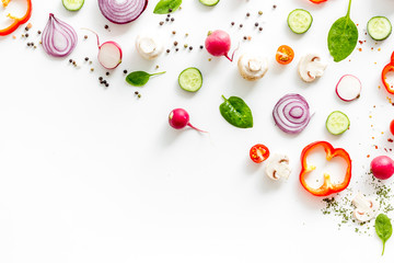 Layout of colorful vegetables on white background top view mock up
