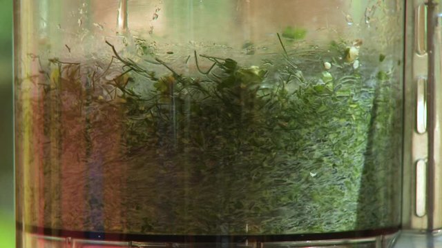 Steady, close up shot of leaves, beans and liquid being blended in a food processor.