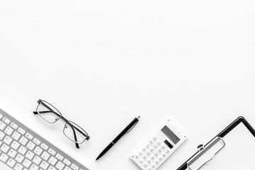 Minimalistic white office desk flat lay space for text top view