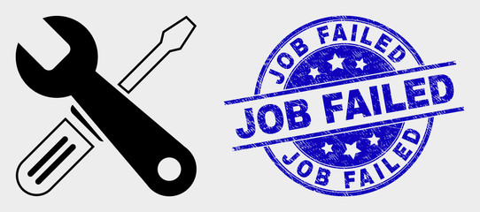 Vector repair tools pictogram and Job Failed stamp. Red round grunge stamp with Job Failed caption. Vector composition in flat style. Black isolated repair tools pictogram.
