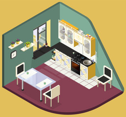 Small kitchen in bright colors. Each piece of furniture in a separate layer is named. A mesh was used for the sink and burners and some individual elements. The size of kitchens in Soviet apartments.