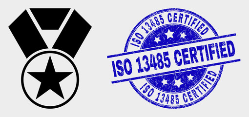 Vector star award icon and ISO 13485 Certified seal. Red rounded textured seal with ISO 13485 Certified text. Vector combination in flat style. Black isolated star award icon.