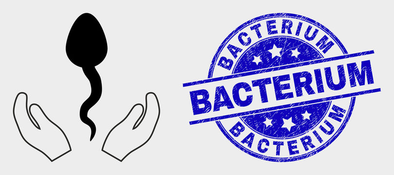 Vector sperm care hands icon and Bacterium seal stamp. Red rounded scratched seal stamp with Bacterium text. Vector composition in flat style. Black isolated sperm care hands symbol.