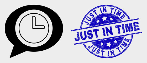 Vector time message balloon pictogram and Just in Time seal stamp. Red round grunge seal stamp with Just in Time text. Vector composition in flat style. Black isolated time message balloon pictogram.