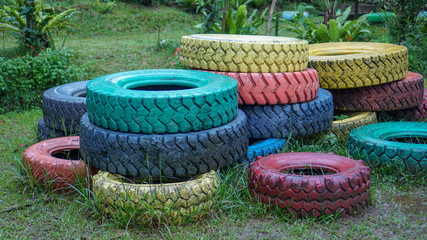Pile of colorful used tires