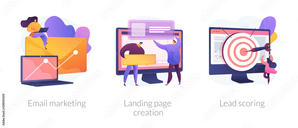 Poster web design and targeted advertisement flat icons set. newsletter digital promotion. email marketing,