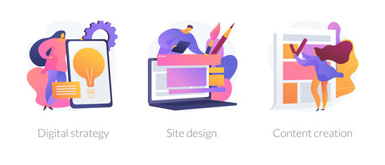 Creative writing, web development and mobile advertising flat icons set. Outbound marketing. Digital strategy, site design, content creation metaphors. Vector isolated concept metaphor illustrations