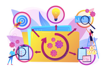 Obraz na płótnie Canvas KPI and task management. Workflow optimization. Project life cycle, successful project management, stages of project completion concept. Bright vibrant violet vector isolated illustration