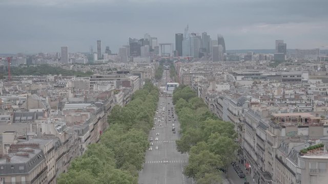 Timelapse of the La Defense District Skyline in Paris, France as seen from the Arc de Triomphe
