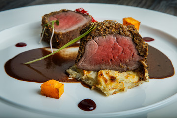 closeup modern decorated medium raw grilled meat pieces