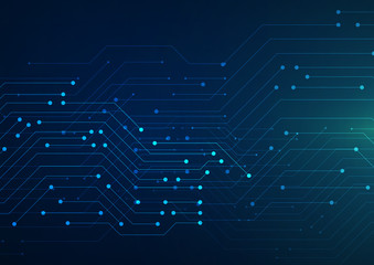 Circuit board. Abstract blue background with dots and lines 