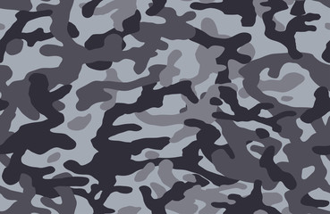 Camouflage pattern background, seamless vector illustration. Classic clothing style masking camo, repeat print. Grey black and white.