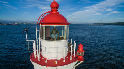 Aerial photo of marine landscape with views of the landmark lighthouse Tokarevskiy.