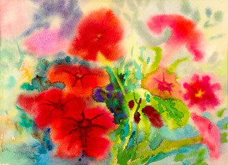 Abstract watercolor painting red color of petunia flowers