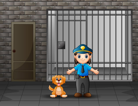 The police guarding a prison cell with dog