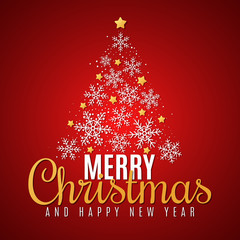 Fototapeta na wymiar Christmas tree of snowflakes and golden stars. Festive gift card. Happy new year 2020. Stylish lettering. Vector illustration